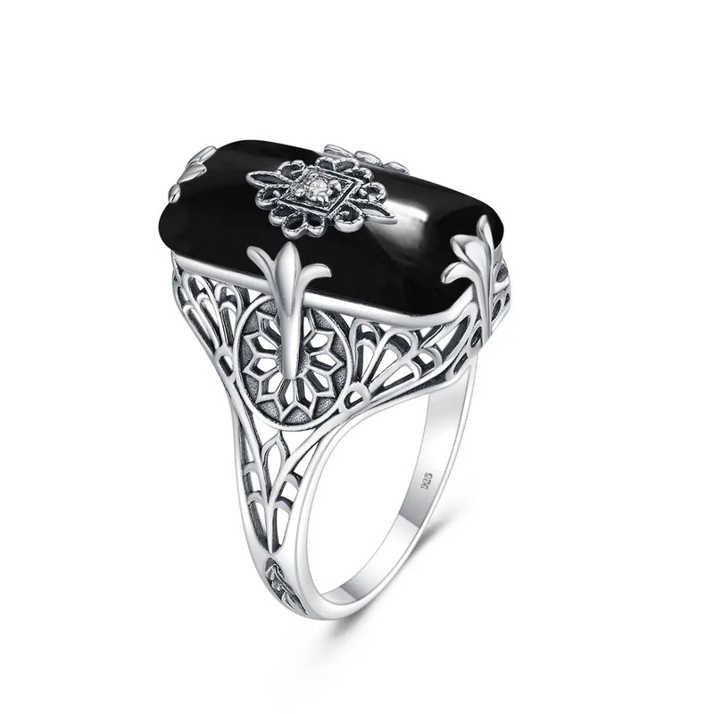 Sterling Silver Black Onyx Rectangle Ring for Women