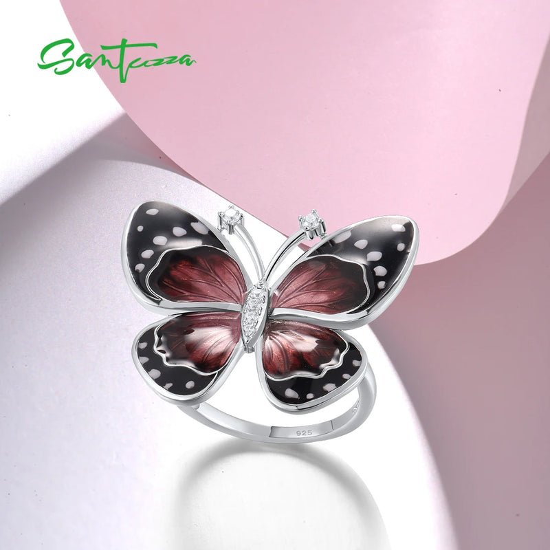 925 Sterling Silver Butterfly Ring with CZ, Enamel for Women