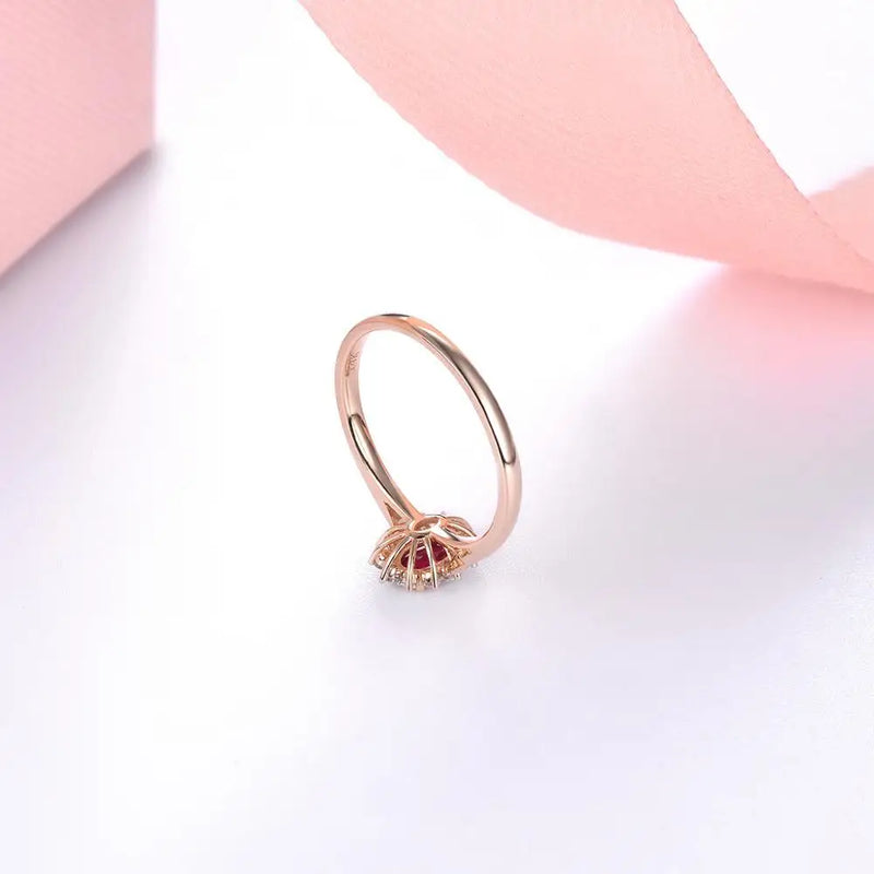 14K Rose Gold Red Ruby & Diamond Sunflower Ring for Women