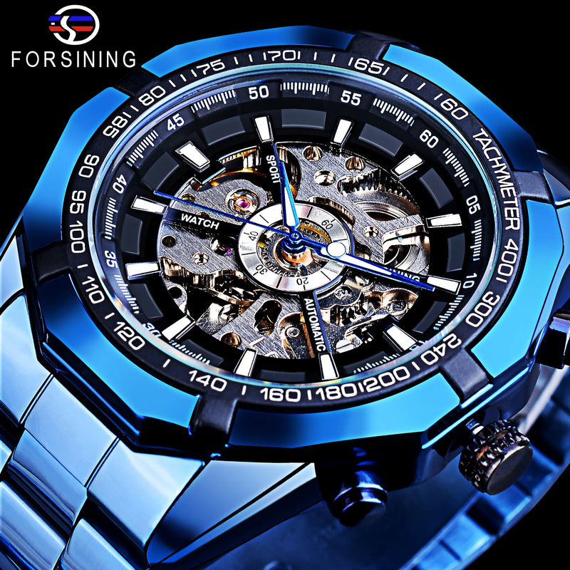 Stainless Steel Skeleton Automatic Watch, Blue for Men