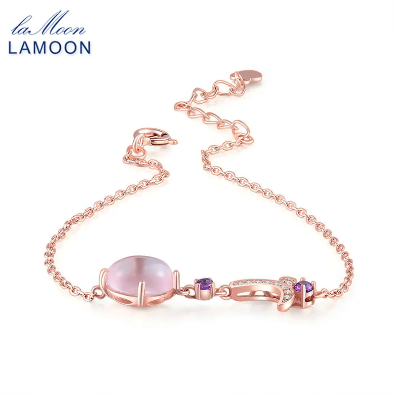 Sterling Silver Oval Pink Rose Quartz Bracelet for Women