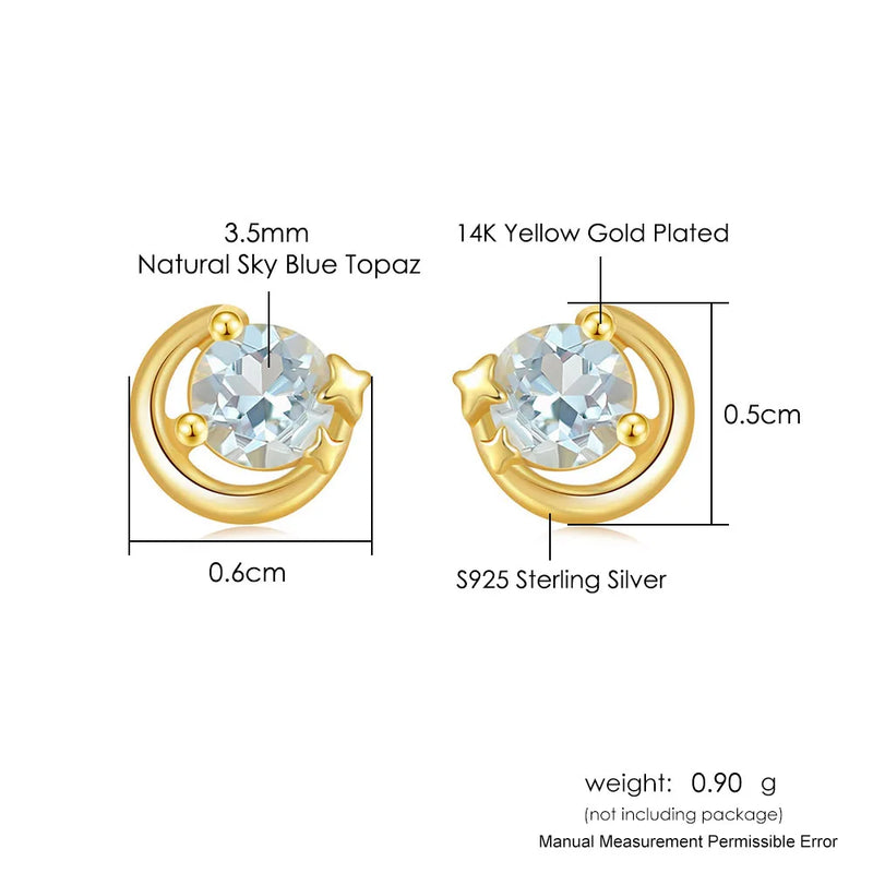 925 Sterling Silver Star Moon Topaz Stud Earrings for Women