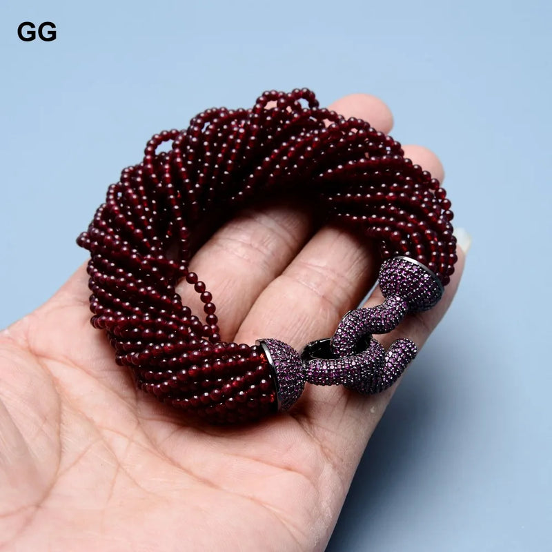 Gunmetal 20 Strands Garnet Beads Bracelet with Purple CZ Clasp, for Women