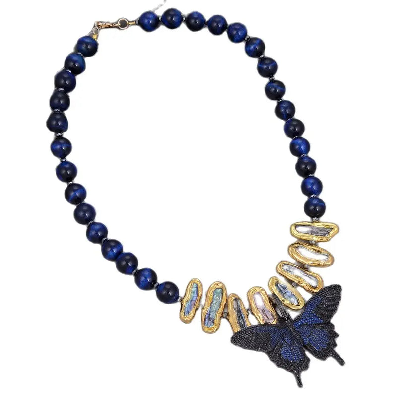 Gold Natural Blue Tiger Eye, Black Biwa Pearl & CZ Butterfly Pendant Necklace for Women