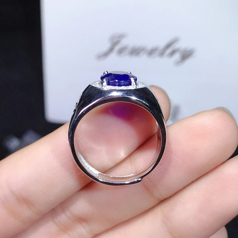 925 Pure Silver 4 Carat Natural Sapphire Ring with Color for Men