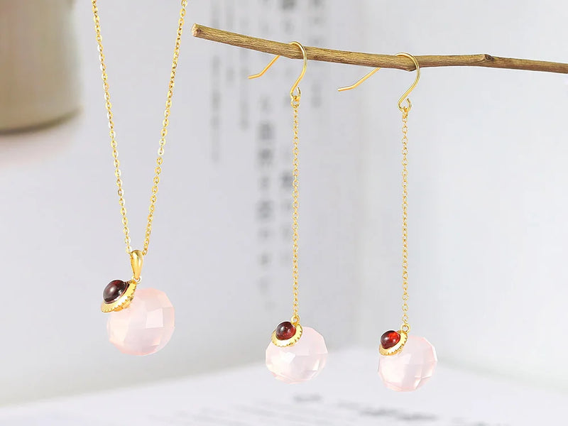 925 Sterling Silver Rose Quartz and Garnet Drop Earrings for Women