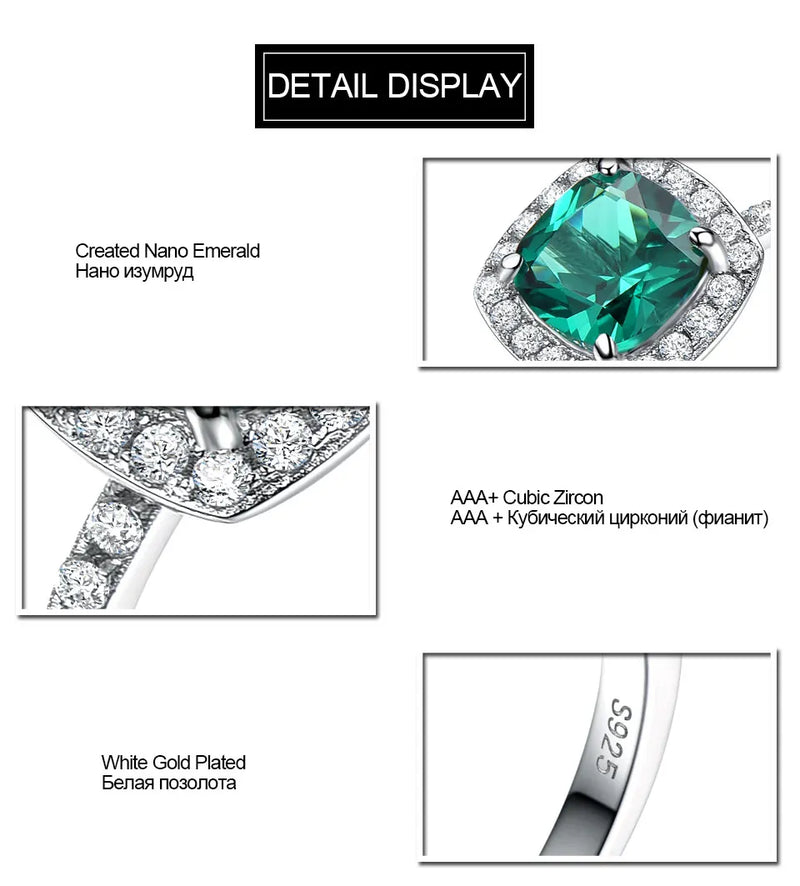 Sterling Silver Nano Emerald Cushion Zircon Ring for Women