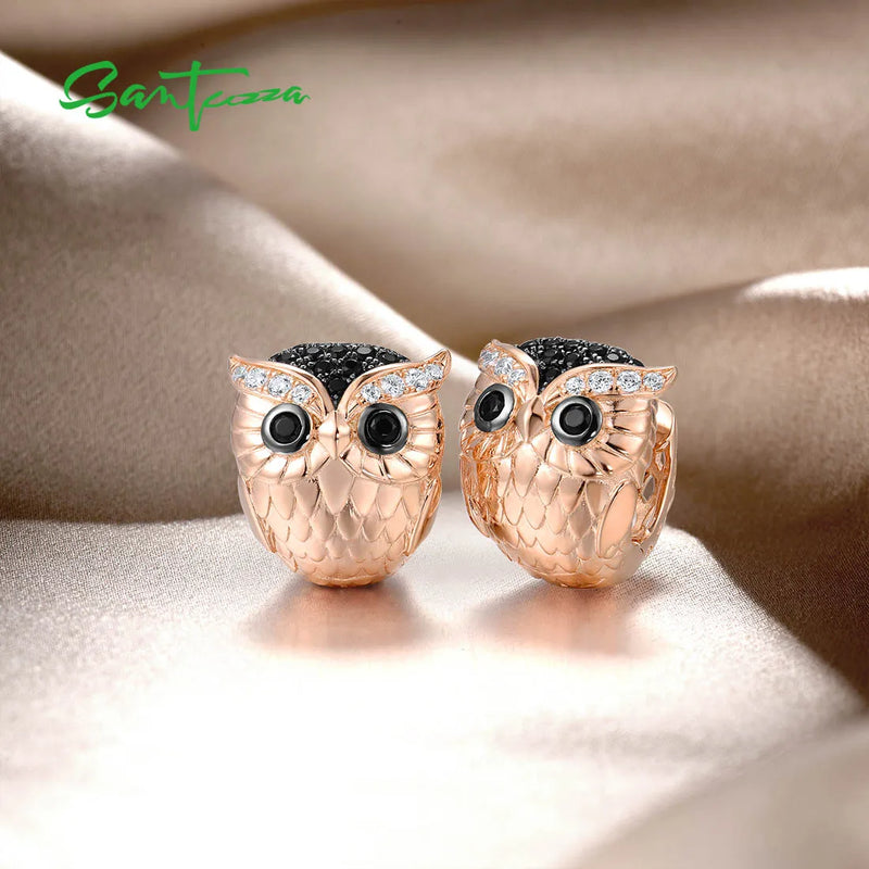 925 Sterling Silver Black Spinel & White CZ Owl Earrings for Women