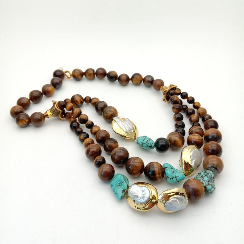 Sterling Silver Natural White Keshi Pearls, Yellow Tiger's Eye & Turquoise Nugget Statement Necklace for Women