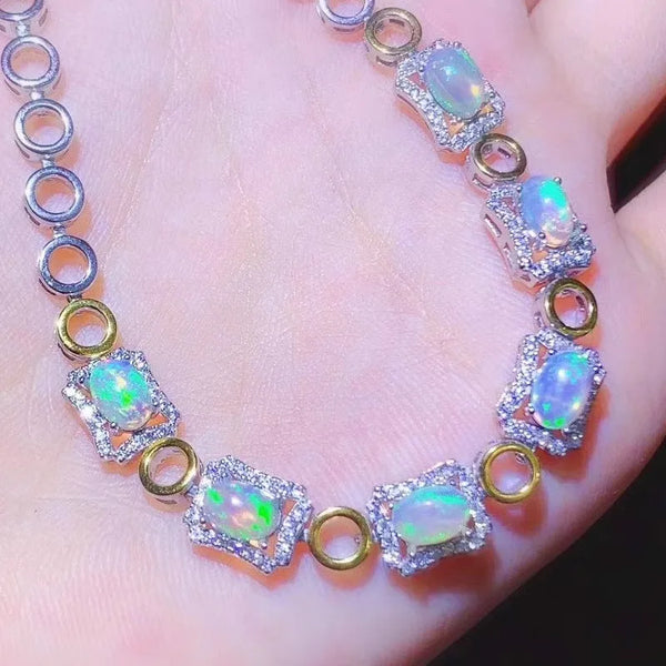 925 Silver Gold Plated Natural Opal Bracelet for Women