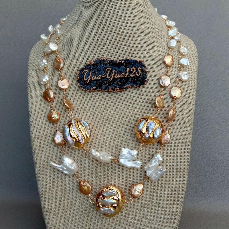 20\" Cultured white keshi pearl champagne coin pearl 24 K Yellow Gold color Plated Pearl statement Necklace party women