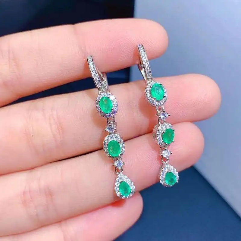 Sterling Silver Emerald Drop Earrings for Women.