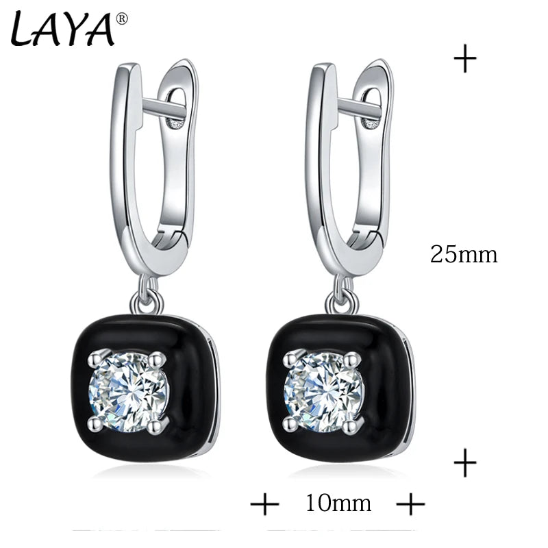 925 Sterling Silver Zircon Earrings with Enamel - White/Black for Women