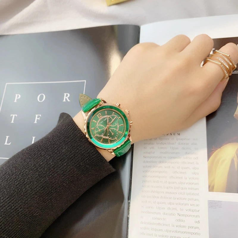 Top Quality Fashion Lady's Luxury Wristwatch: Genuine Leather, Green Dial, Pink Accents