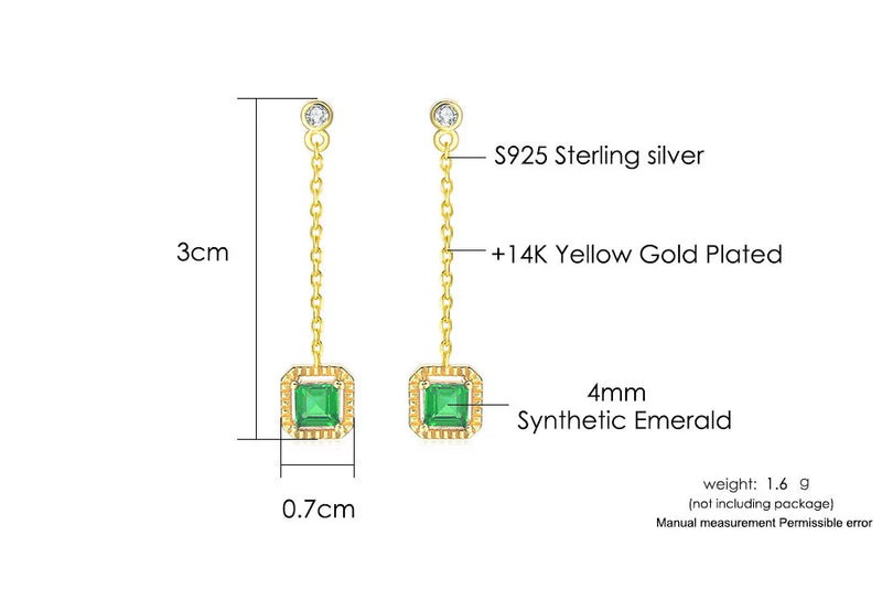 925 Sterling Silver Synthetic Emerald Drop Earrings for Women