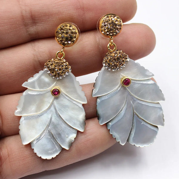 Gold Plated Natural Gray Sea Shell Leaf Mop with Golden Marcasite & CZ Dangle Earrings for Women