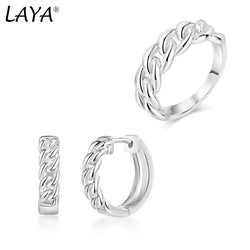 Sterling Silver Individual Design Chain Hoop Earrings and Ring Set for Women