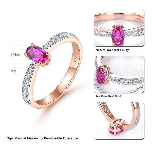 14K Rose Gold Ring with 0.45ct Natural Ruby and 0.133ct Diamonds for Women.