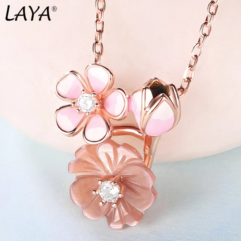 Sterlingsilver Shining Zircon White Pink Flower Green Leaf Enamel Necklace Earrings Ring Set for Women