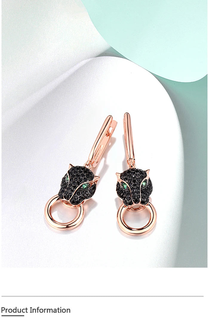 925 Sterling Silver Black Spinel Leopard Panther Drop Earrings for Women