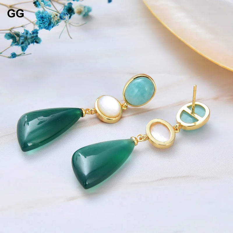 Gold plated geometric Amazonite and shell stud earrings. for her