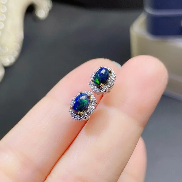 S925 Sterling Silver Black Opal Earrings - Flower Type for Women