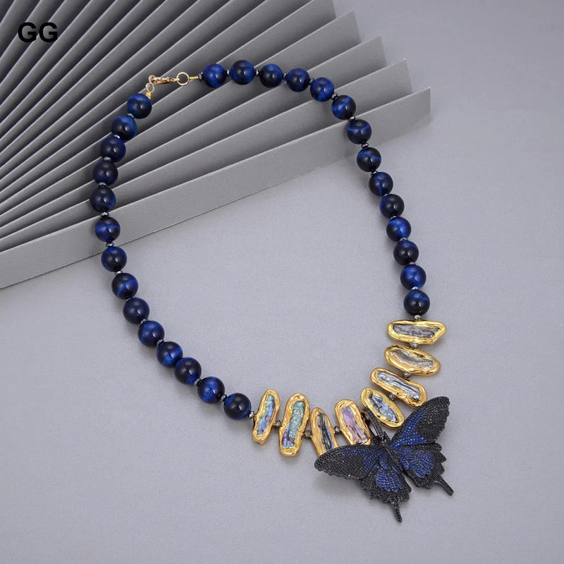 Gold Natural Blue Tiger Eye, Black Biwa Pearl & CZ Butterfly Pendant Necklace for Women