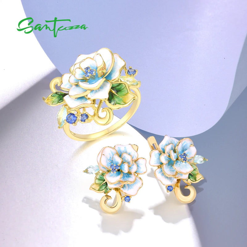 925 Sterling Silver Blue Flower Zirconia Enamel Jewelry Set for Women