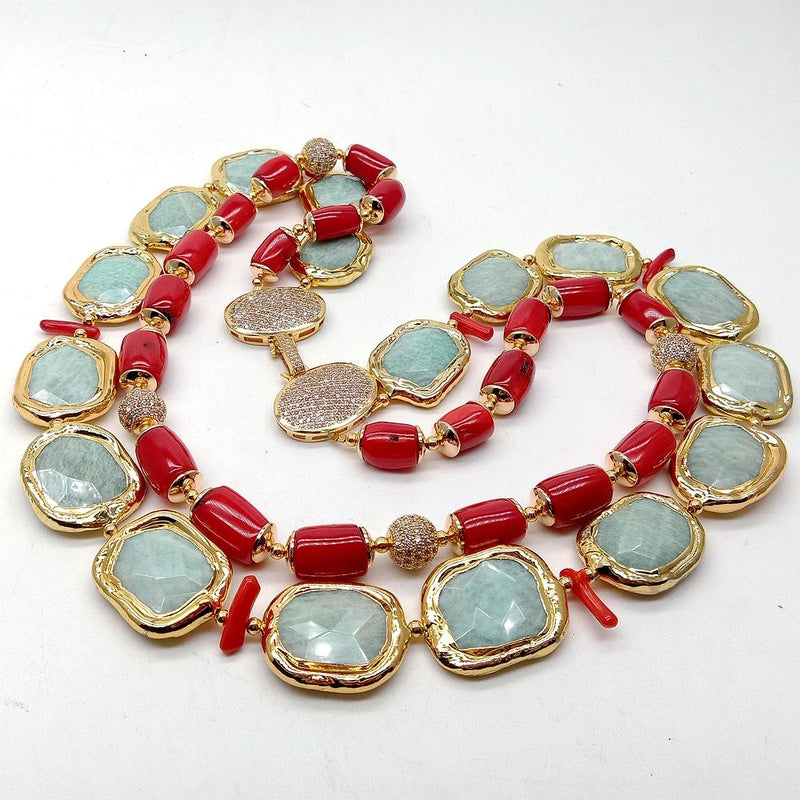 Sterling Silver Red Coral and Green Amazonite Cubic Zirconia Pave Necklace for Women
