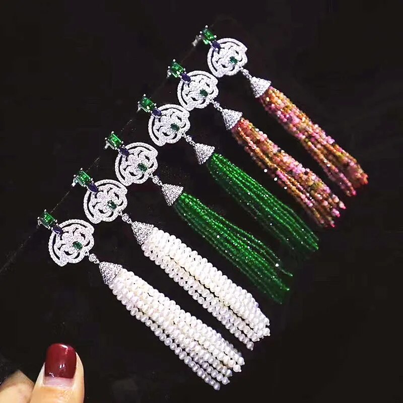 925 Sterling Silver Freshwater Pearl Tourmaline Bead Tassel Earrings for Women