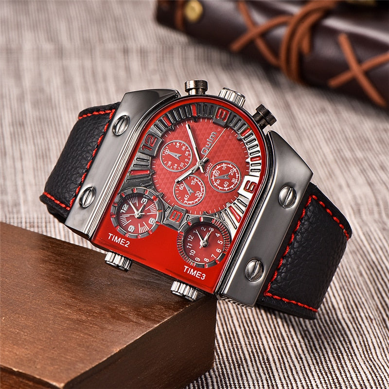 Leather Big Size Three Time Zone Outdoor Sports Watch for Men