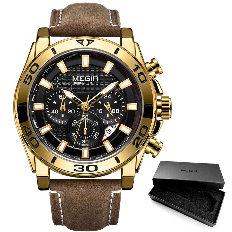 Gold Leather Strap Quartz Chronograph Watch for Men