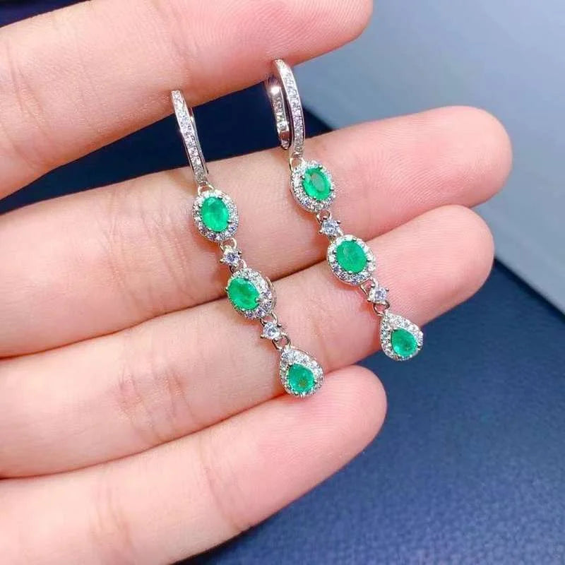 Sterling Silver Emerald Drop Earrings for Women.