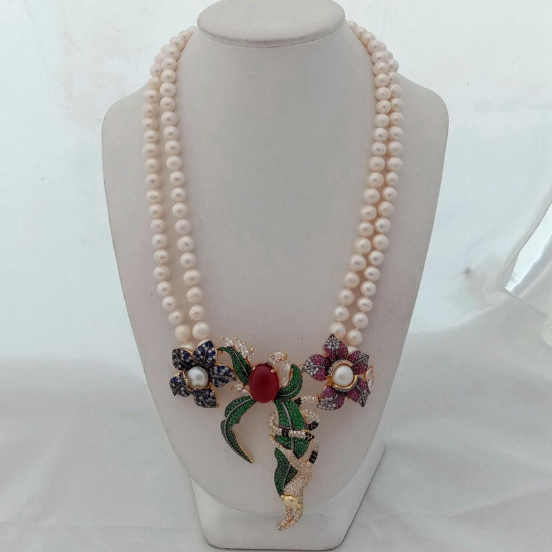 21 2 Rows White Round freshwater Pearl Necklace  cz pave annimal  flower monkey gold color plated Pendant luxury wedding\"