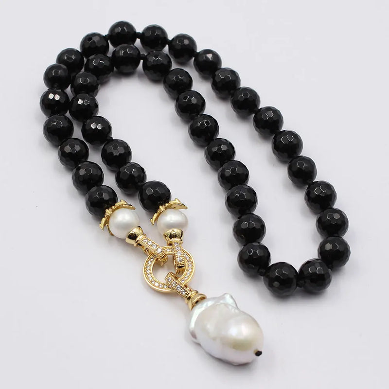 Silver Natural Black Onyx and White Keshi Pearl Necklace for Women