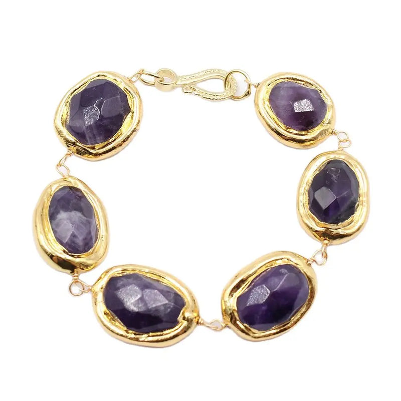 Gold Plated Purple Amethyst Oval Egg Bracelet for Women