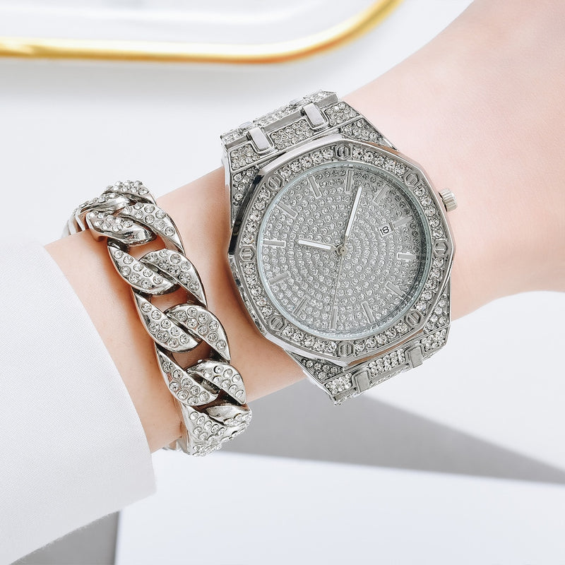 Gold Iced Out Rhinestone Cuban Chain Watch Bracelet Set for Men and Women