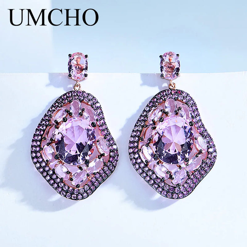 925 Sterling Silver Oval Nano Pink Moganite Pendant Necklace Earrings Set for Women