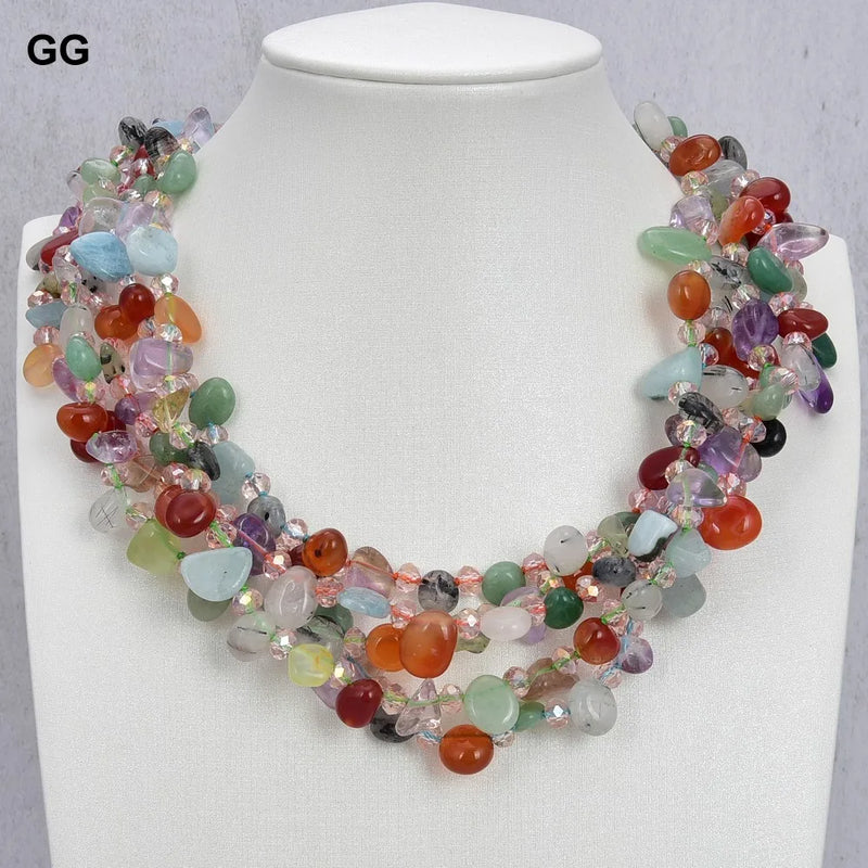 Sterling Silver 5 Rows Natural Mix Natural Stone Agate Jade Crystal Jasper Mix Color Gemstone Torzadas Necklace for Women