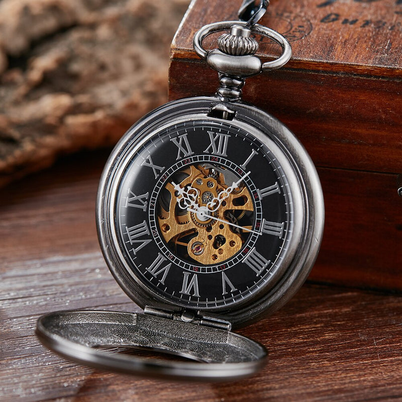 Silver Pocket Watch with Black Enamel Roman Numerals Dial for Men