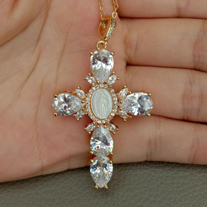 Sterling Silver Shell Pearl Cubic Zirconia Necklace Virgin Mary Cross Pendant for Women