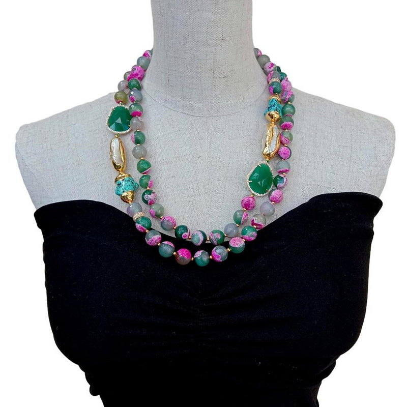 Sterling Silver Fuchsia Green Agate & White Pearl Crystal Turquoise Necklace for Women