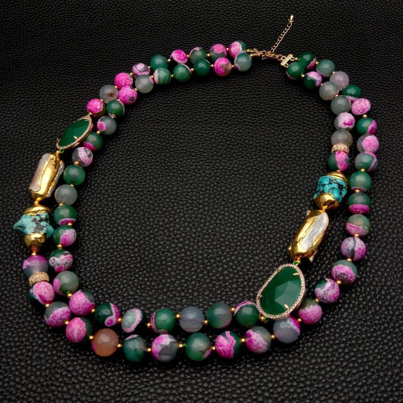 Sterling Silver Fuchsia Green Agate & White Pearl Crystal Turquoise Necklace for Women