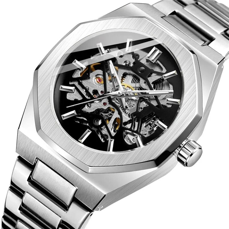 Stainless Steel Skeleton Automatic Mechanical Watch for Men