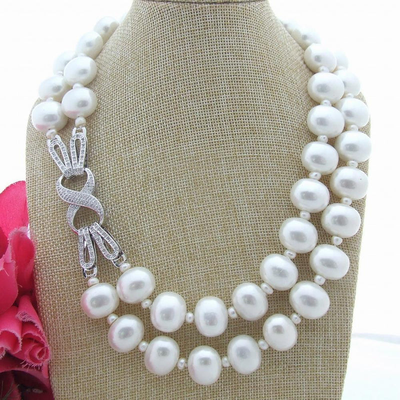 White Sea Shell Pearl Choker Necklace with CZ Pave Clasp for Women