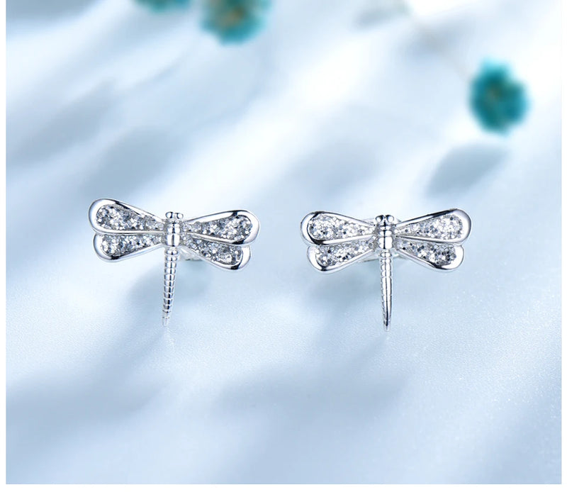 Sterling Silver White Zircon Dragonfly Stud Earrings for Women