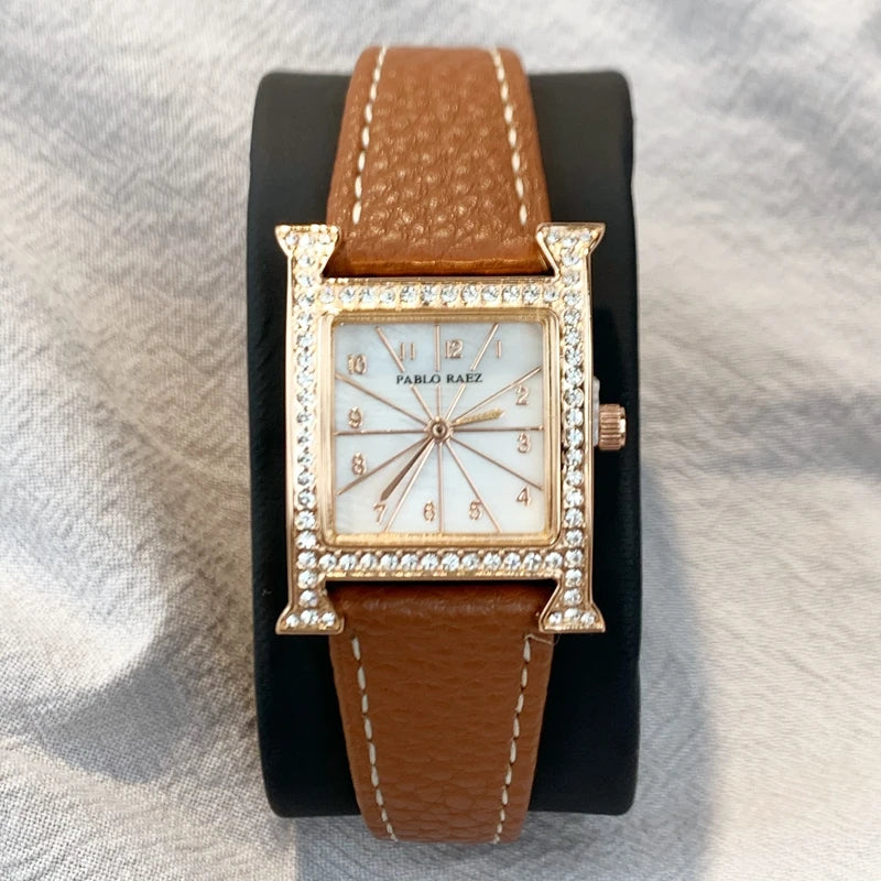 Luxury Diamond Fashion Watch for Ladies: High-Grade, Waterproof, Leather Strap, Quartz Movement.