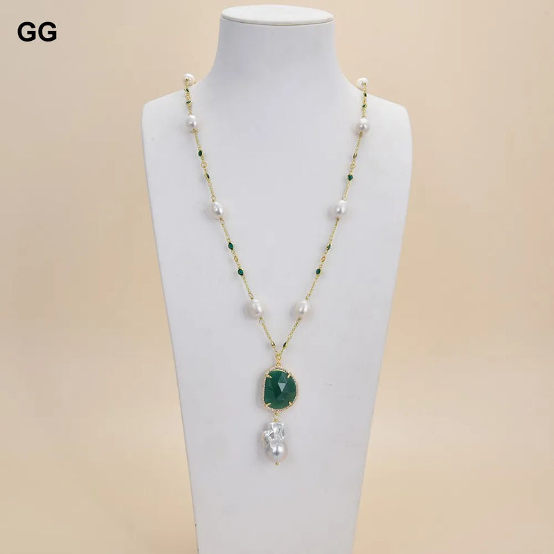 Gold Plated White Rice Pearl & Keshi Pearl Necklace with Green Crystal Pendant for women