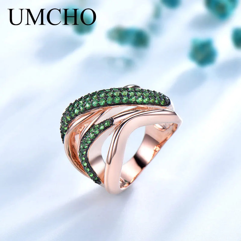 925 Sterling Silver Simulated Emerald Geometric Ring for Women