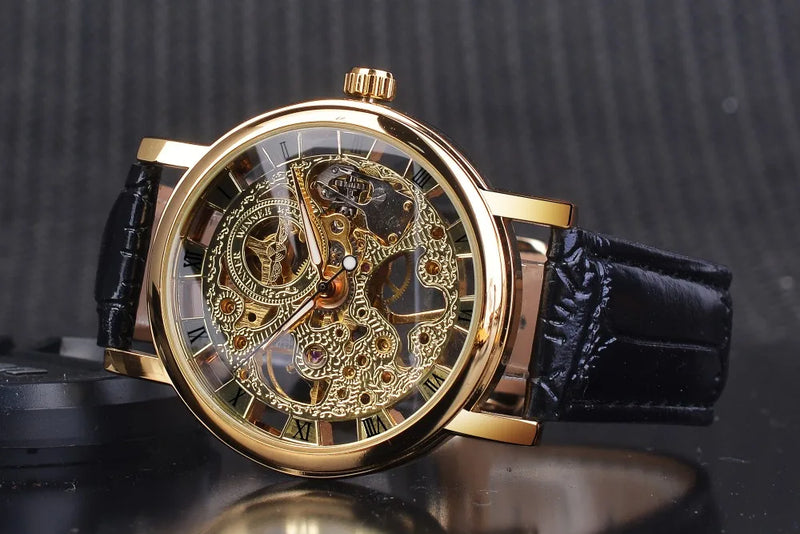 Transparent Leather Strap Skeleton Watch for Men